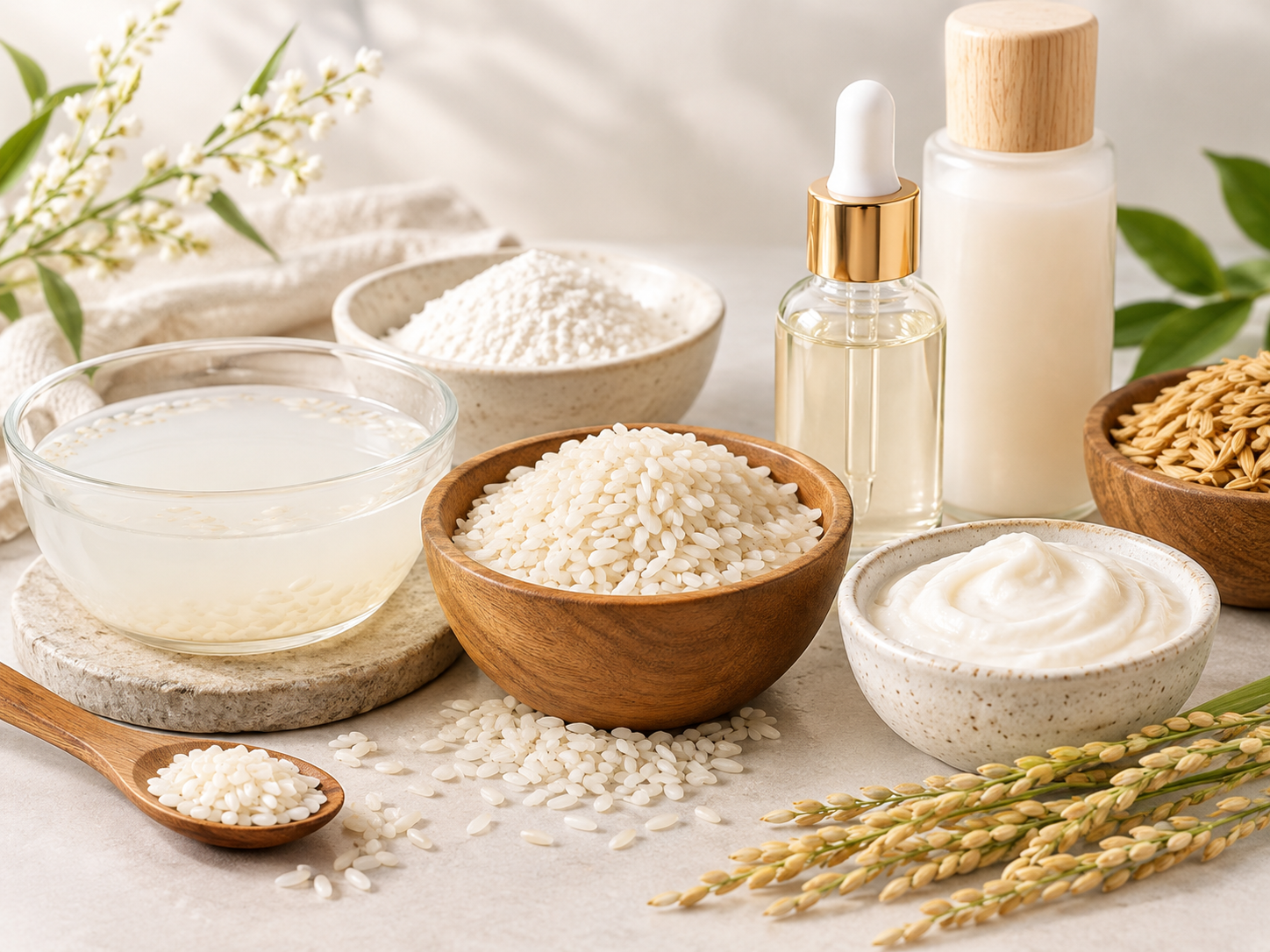 Rice-based skincare ingredients including rice grains and rice water.
