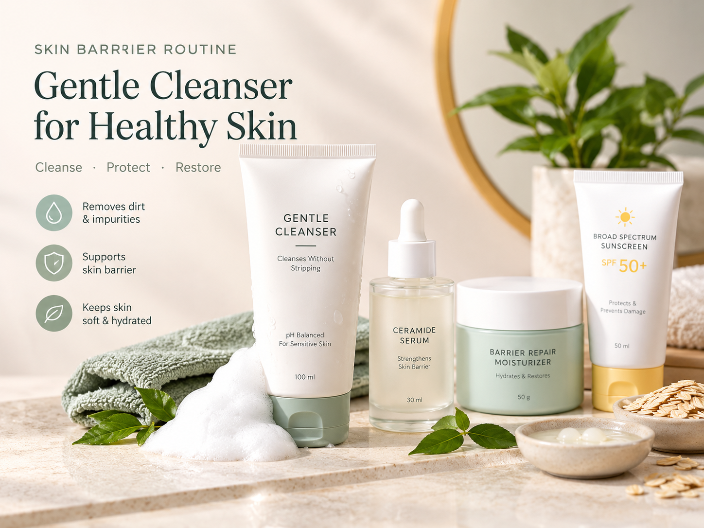 Skin barrier routine starting with gentle face cleansing for acne-prone skin.