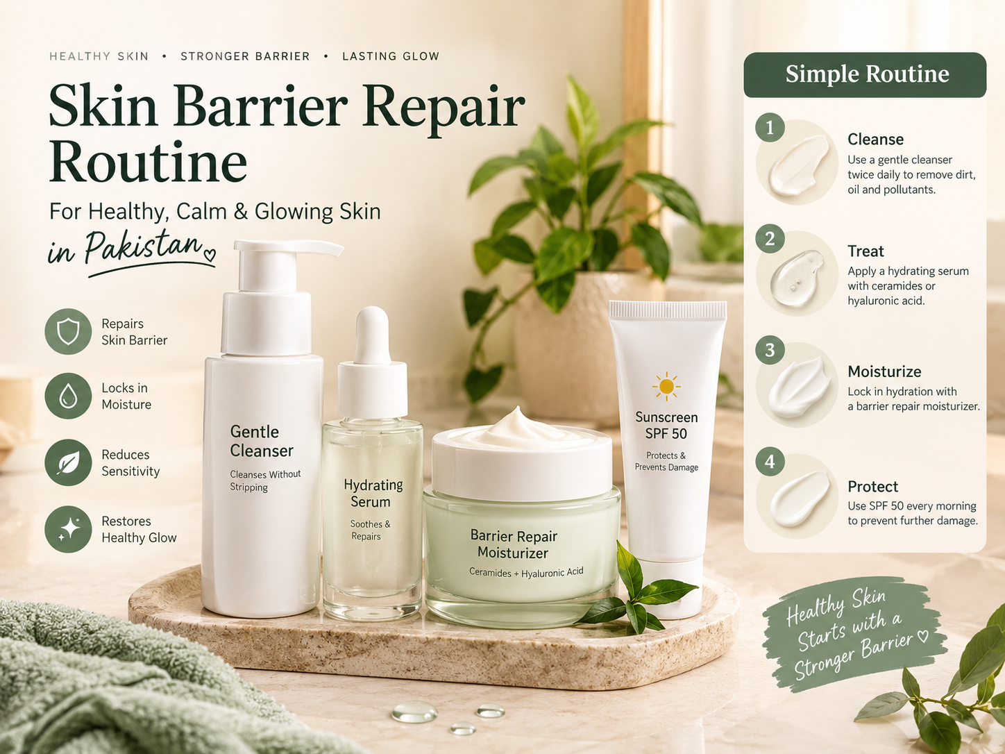 Gentle daily routine to repair a damaged skin barrier in Pakistan