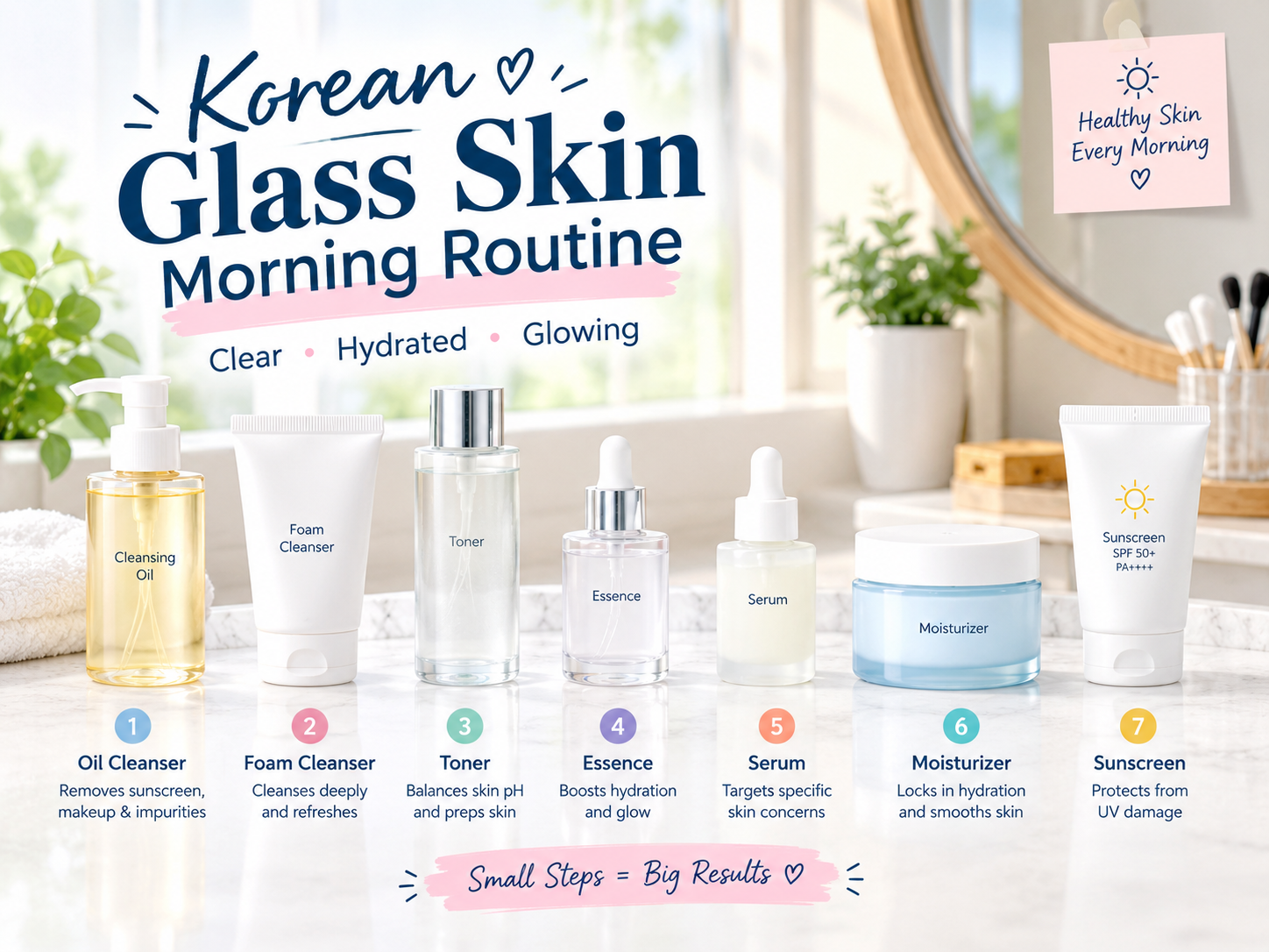 Morning Korean glass skin routine with cleanser serum moisturizer and sunscreen