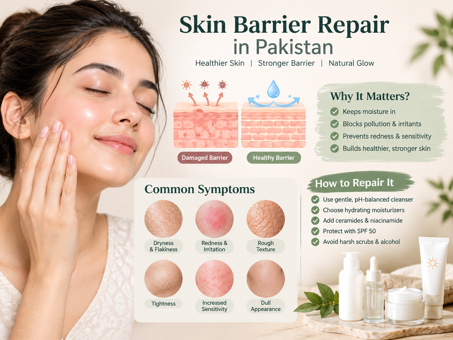 Skin barrier repair in Pakistan guide showing dry and irritated skin symptoms.