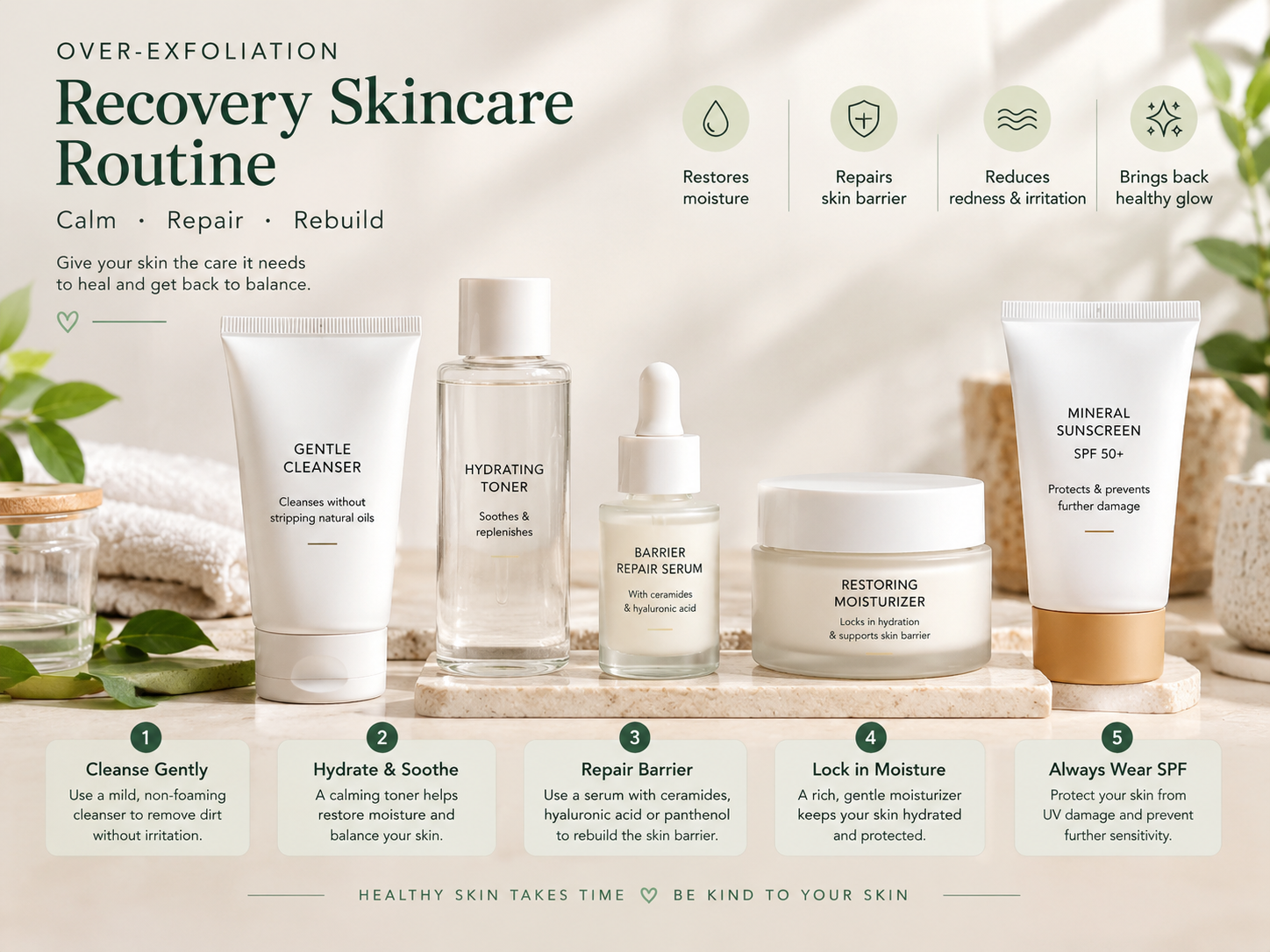 Over-exfoliation recovery routine with gentle skincare products