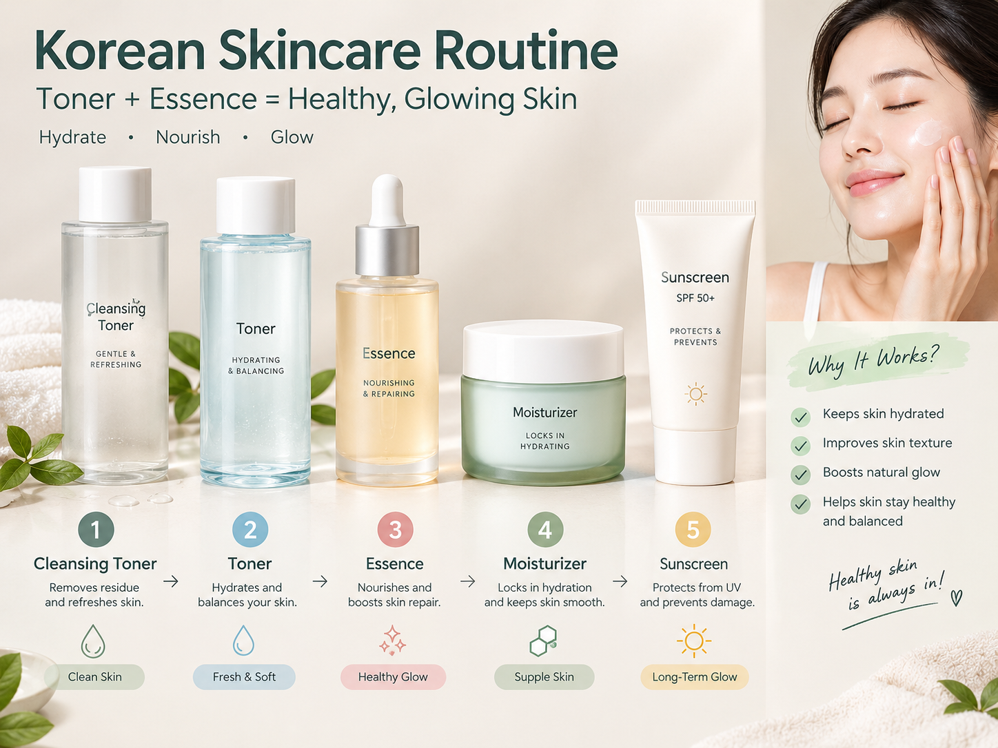 Korean Toner vs Essence routine featuring skincare product application order.