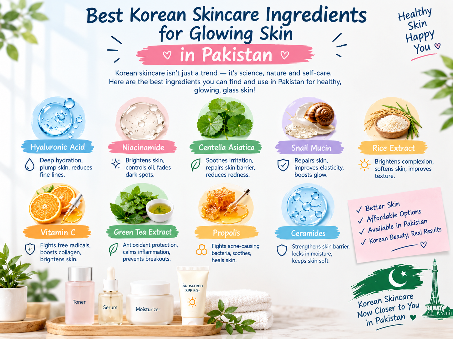 Best Korean skincare in Pakistan ingredients including niacinamide and ceramides